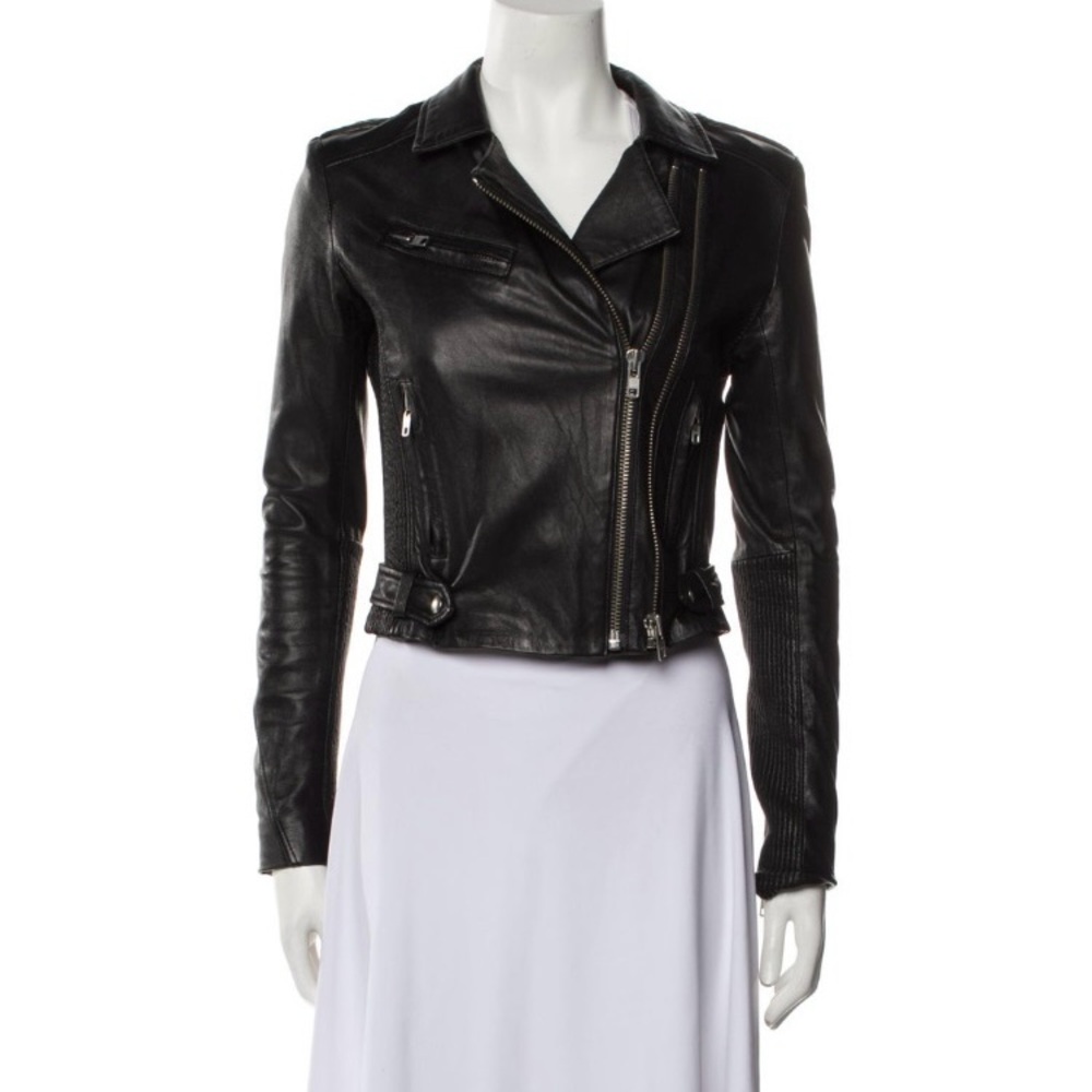 Black Leather Moto Jacket with Asymmetrical Zipper retail $1600